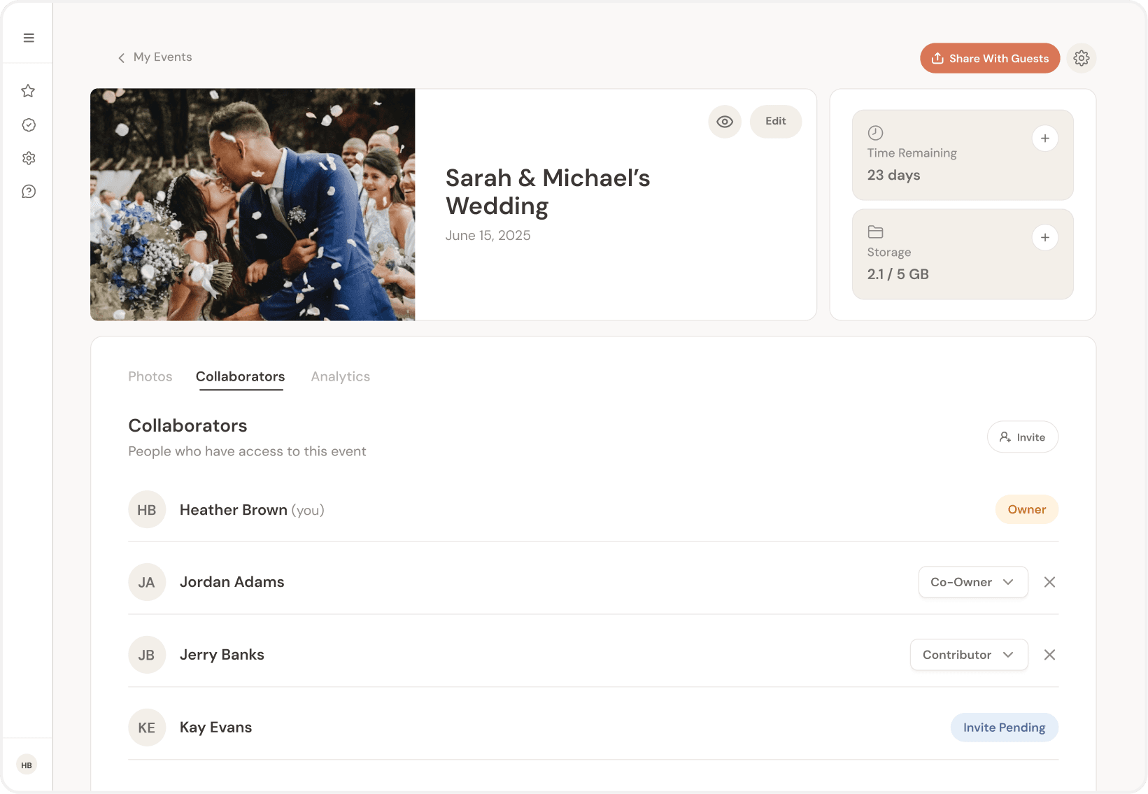 PicMe organizer screen: collaborators tab