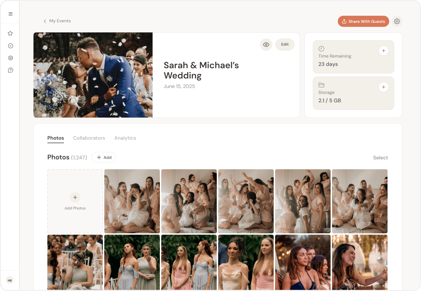 PicMe organizer screen: photos tab