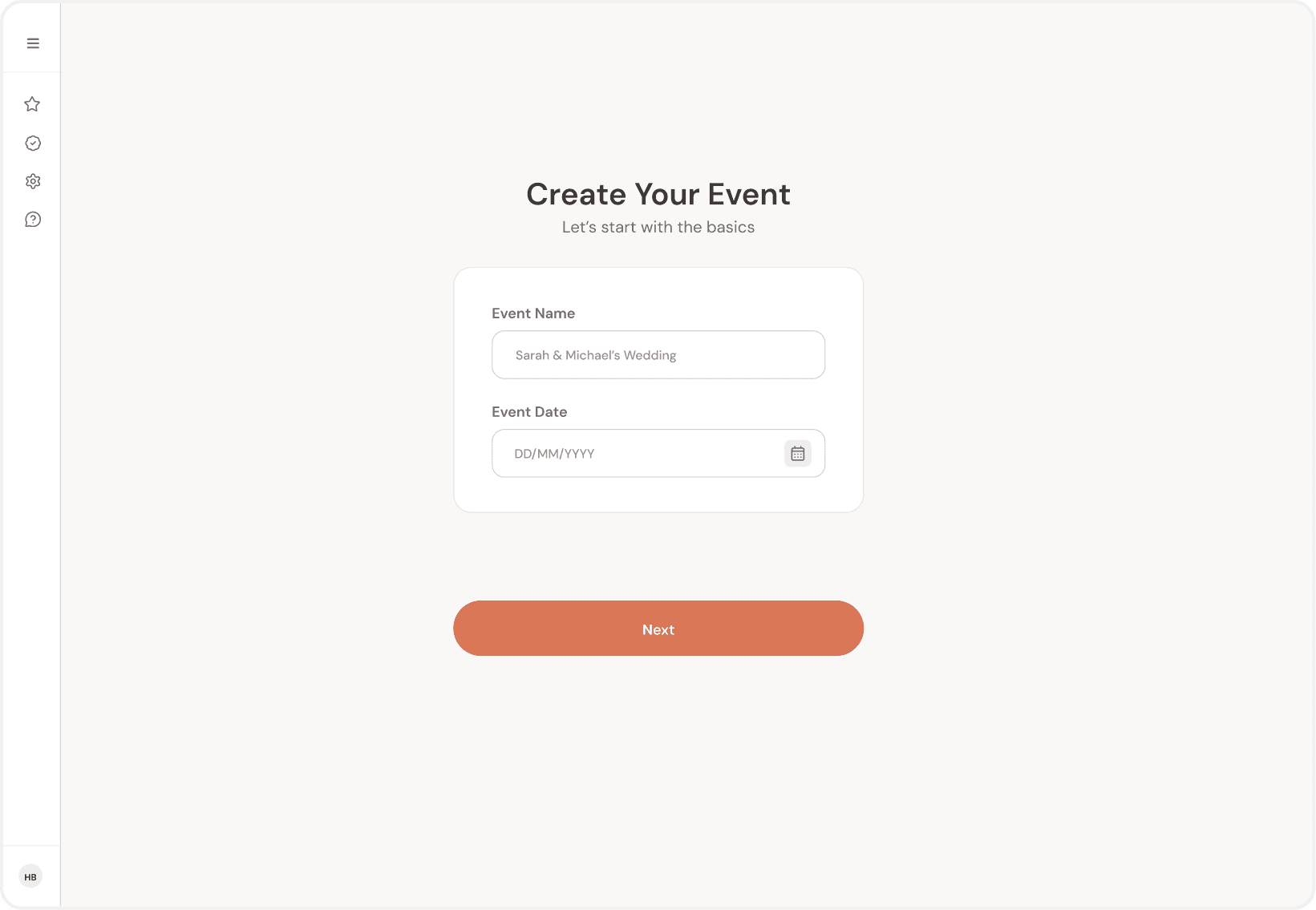 PicMe organizer screen: Create Your Event