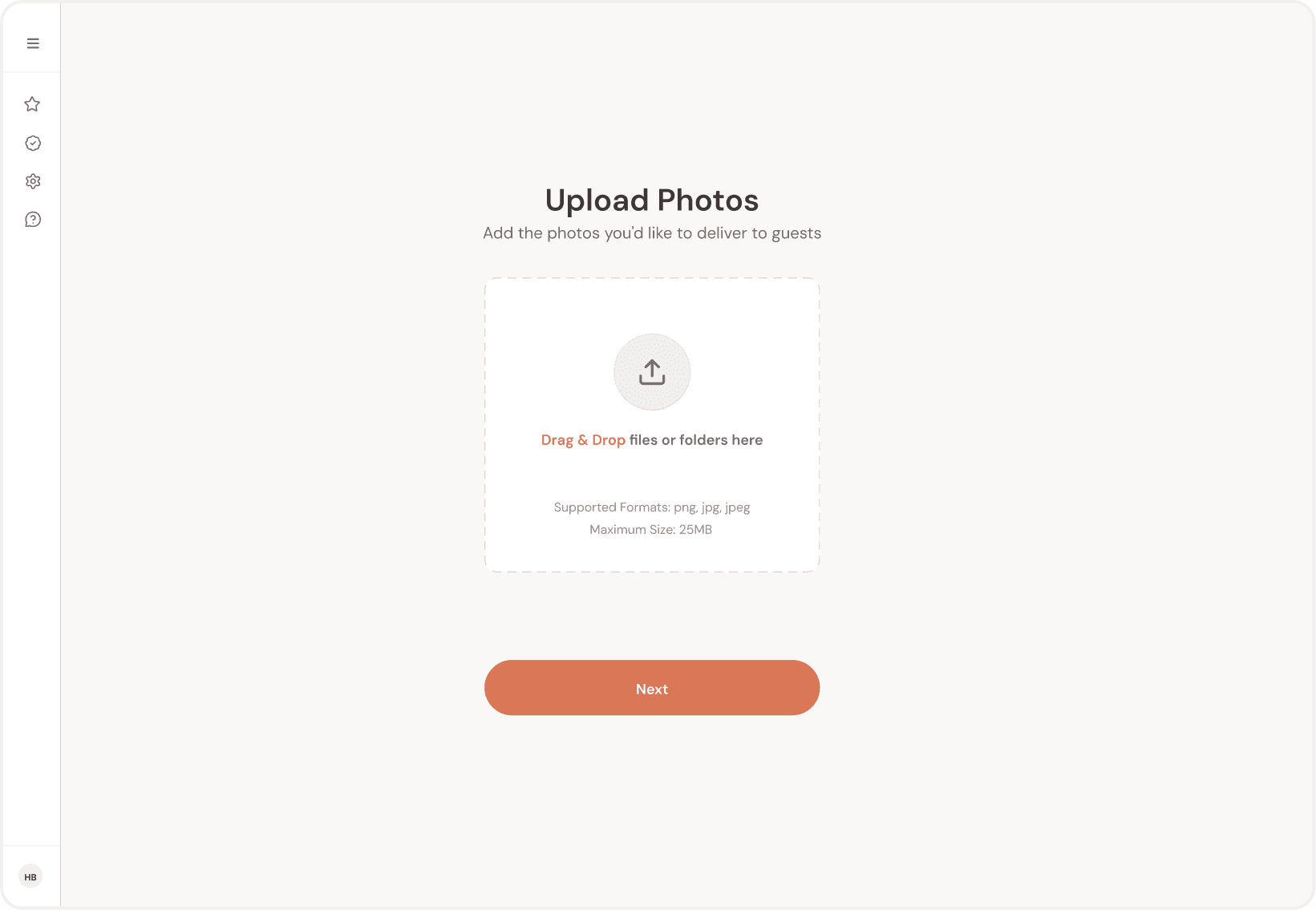 PicMe organizer screen: Upload Photos