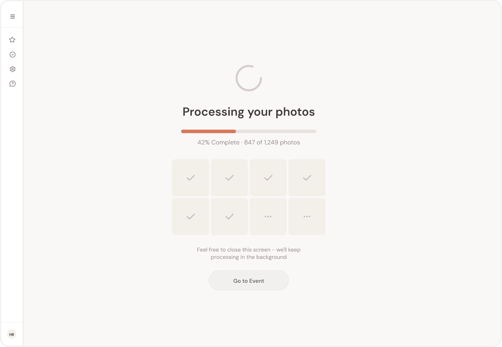 PicMe organizer screen: Processing your photos