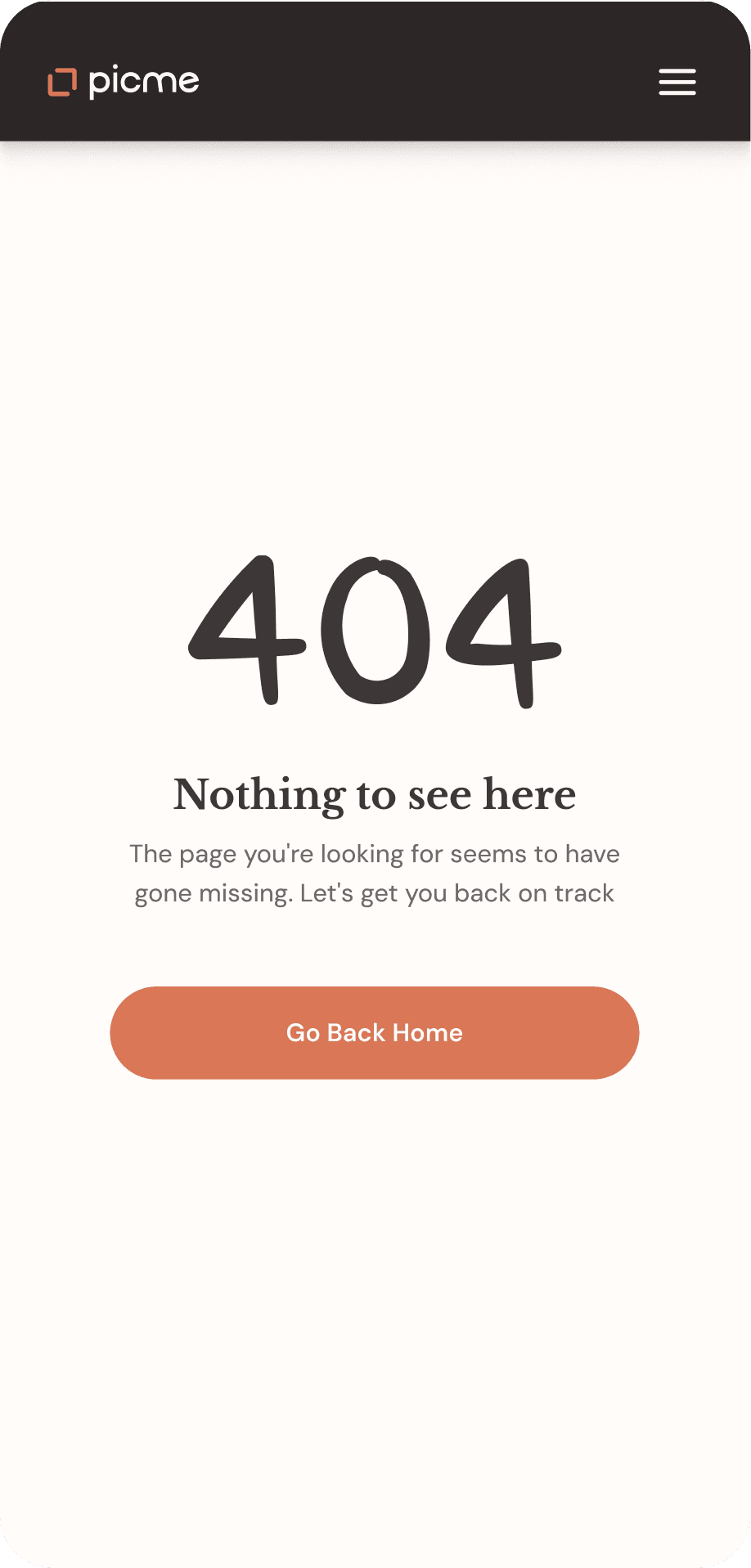 PicMe marketing screen: 404 page