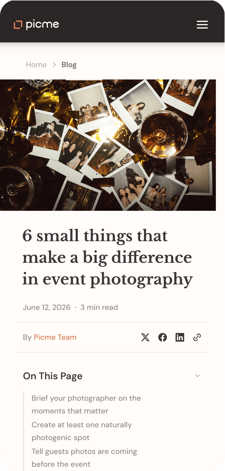PicMe marketing screen: blog post template