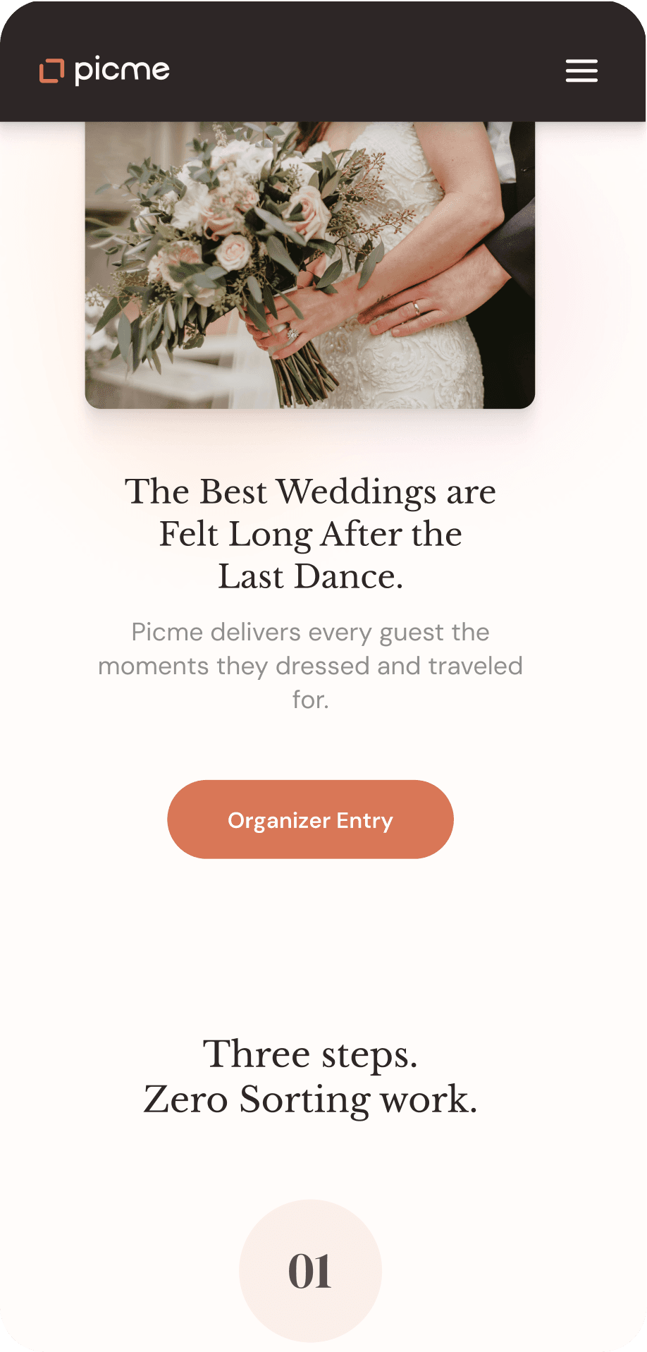 PicMe marketing screen: secondary mobile landing page