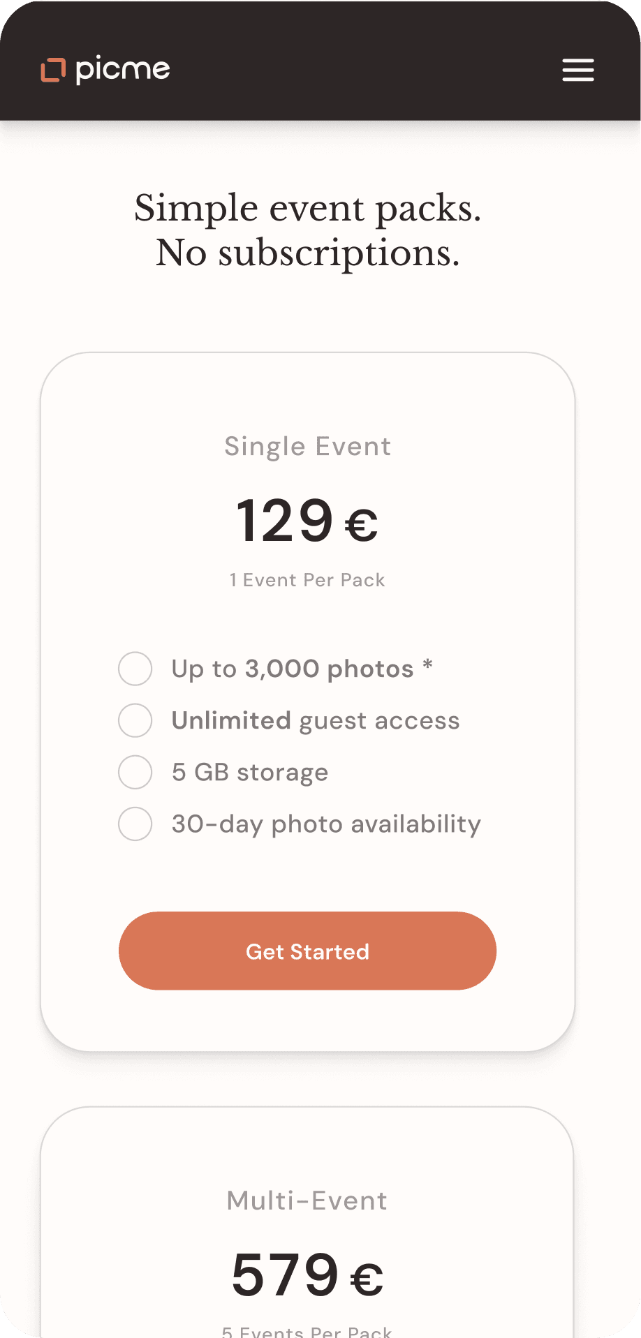 PicMe marketing screen: pricing page