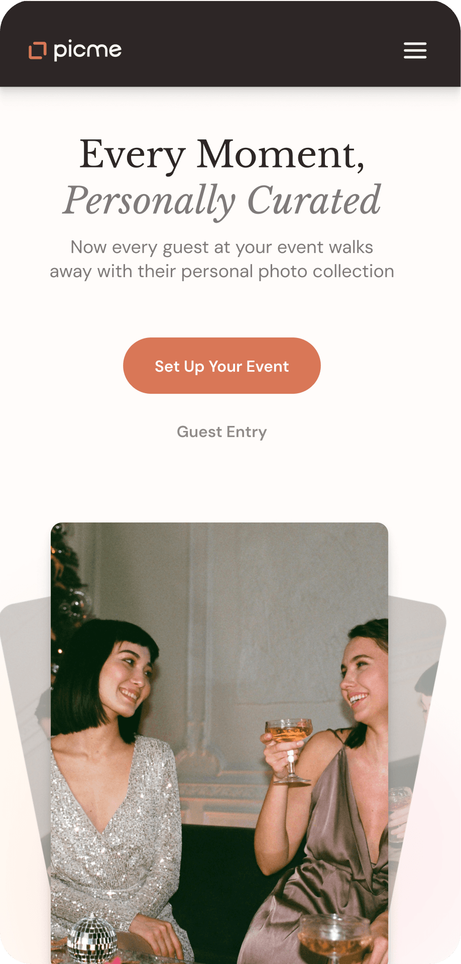 PicMe marketing screen: mobile landing page